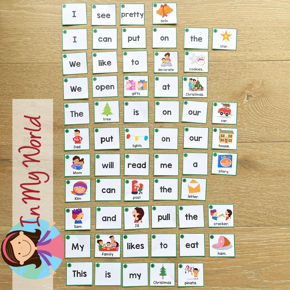 Christmas Sentence Scramble Pocket Chart Activity word card set with Christmas and nativity themed sentences for kindergarten reading practice