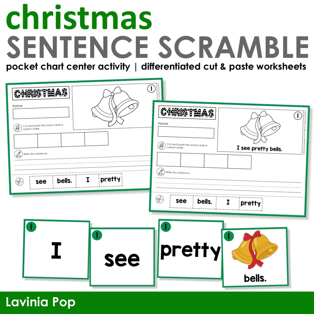 Christmas Sentence Scramble Pocket Chart Activity with cut and paste worksheets and sentence building word cards for kindergarten and first grade
