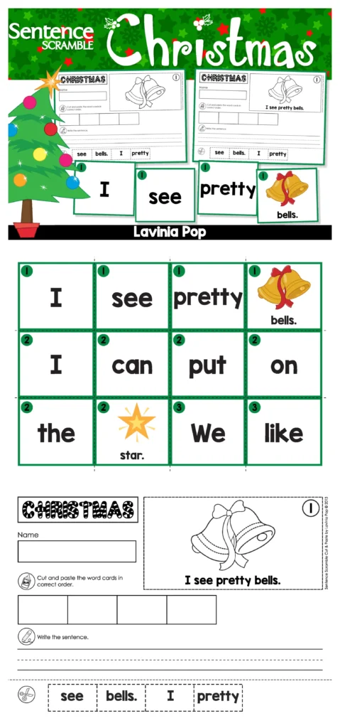 Christmas Sentence Scramble Pocket Chart Activity color word cards for building simple Christmas themed sentences in pocket chart literacy centers