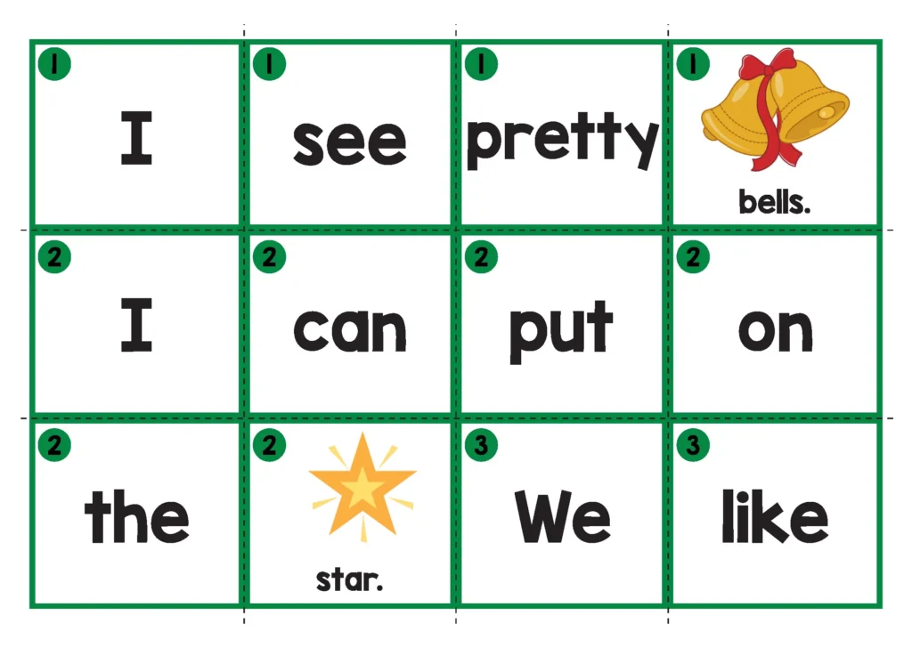 Christmas Sentence Scramble Pocket Chart Activity word cards for building simple Christmas sentences in literacy centers