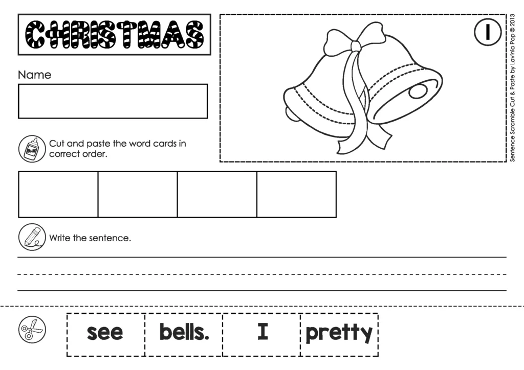 Christmas Sentence Scramble Pocket Chart Activity worksheet for building the sentence I see pretty bells with cut and paste word cards