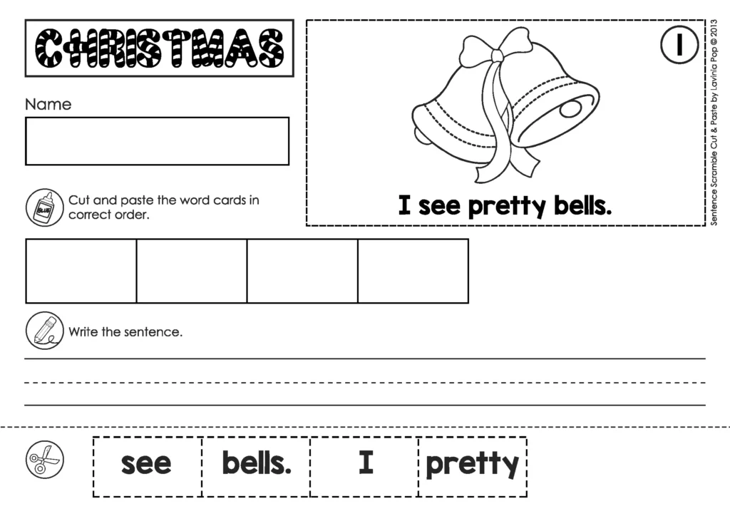 Christmas Sentence Scramble Pocket Chart Activity worksheet with model sentence I see pretty bells for kindergarten sentence building
