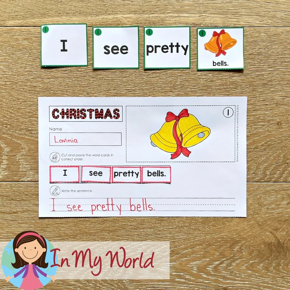 Christmas Sentence Scramble Pocket Chart Activity with sentence cards and completed worksheet for the sentence I see pretty bells