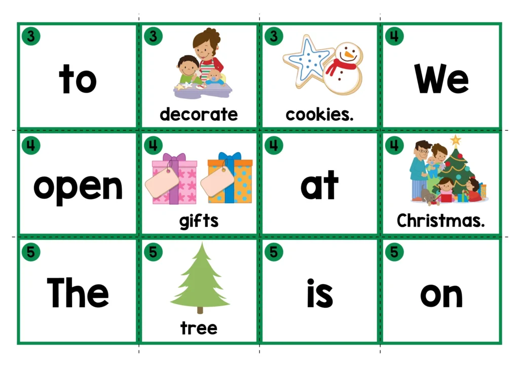 Christmas Sentence Scramble Pocket Chart Activity word cards for building simple Christmas sentences in literacy centers