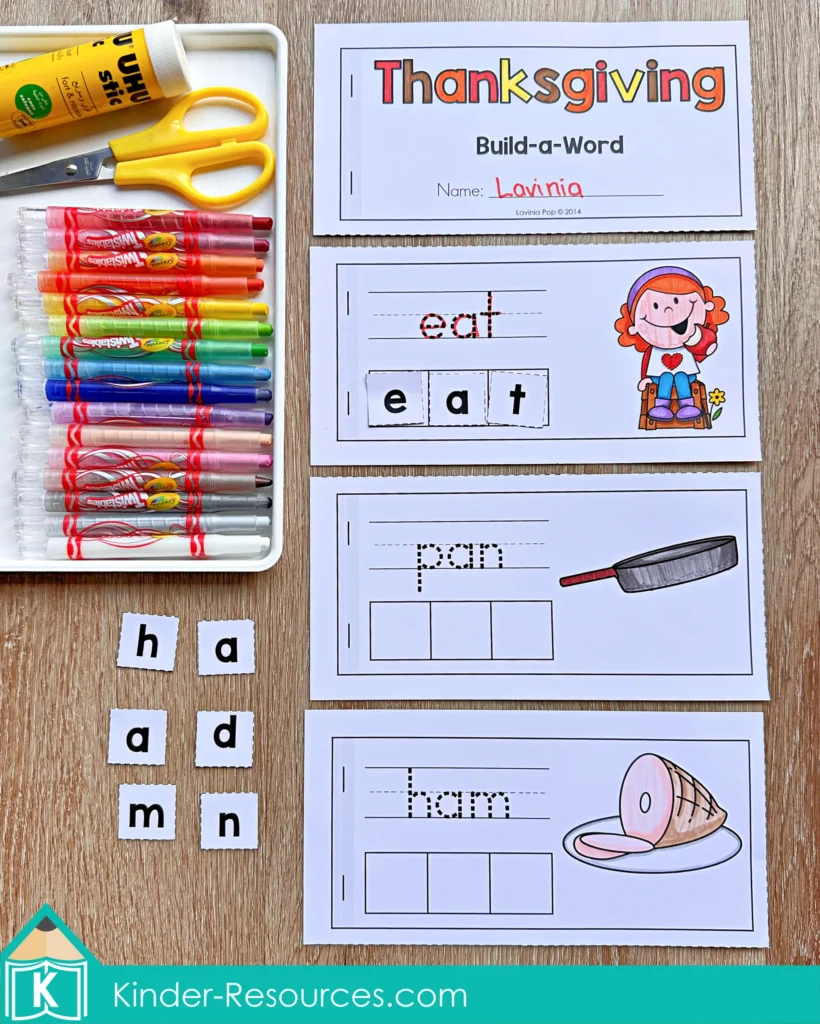 Thanksgiving Build-a-Word booklet with letter tiles for CVC word building practice in kindergarten literacy lessons.