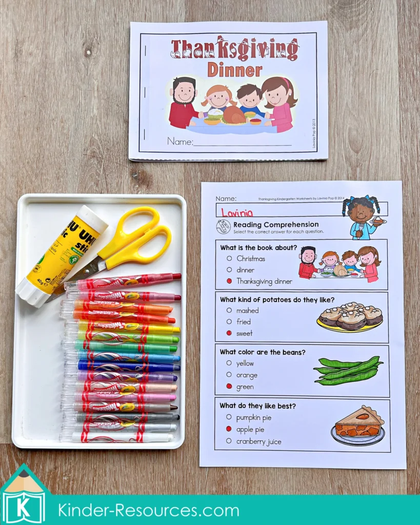 Thanksgiving Dinner emergent reader and comprehension worksheet for early reading fluency and comprehension in kindergarten.
