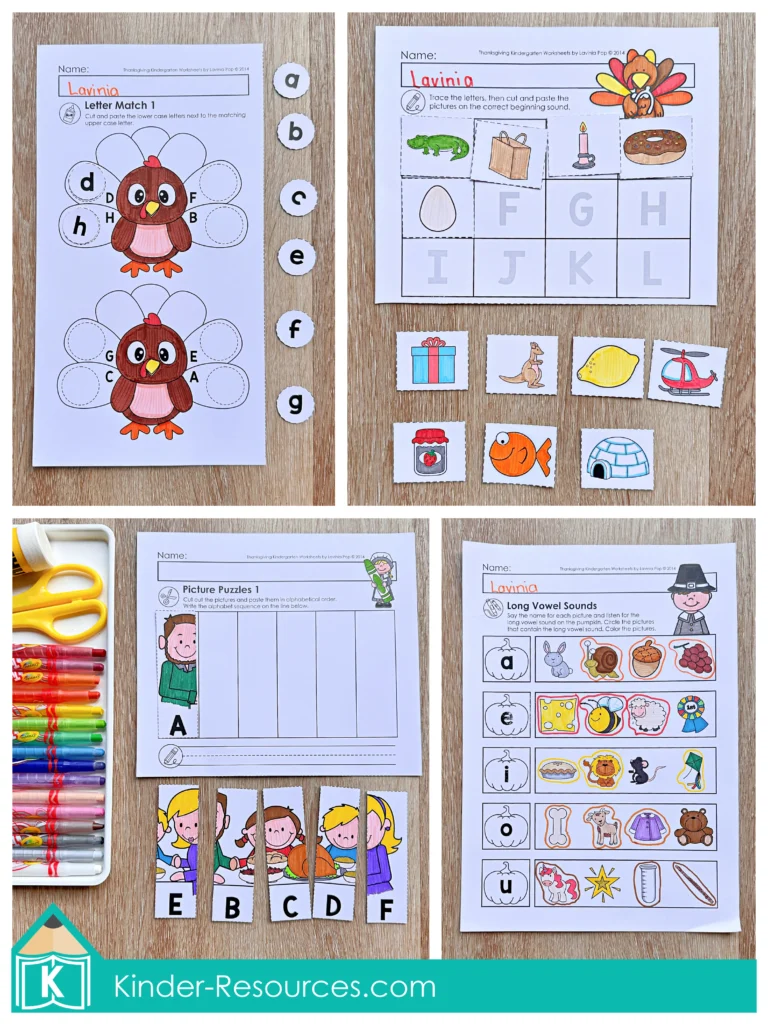 Thanksgiving alphabet, beginning sounds, and long vowel worksheets for literacy skill development in kindergarten.
