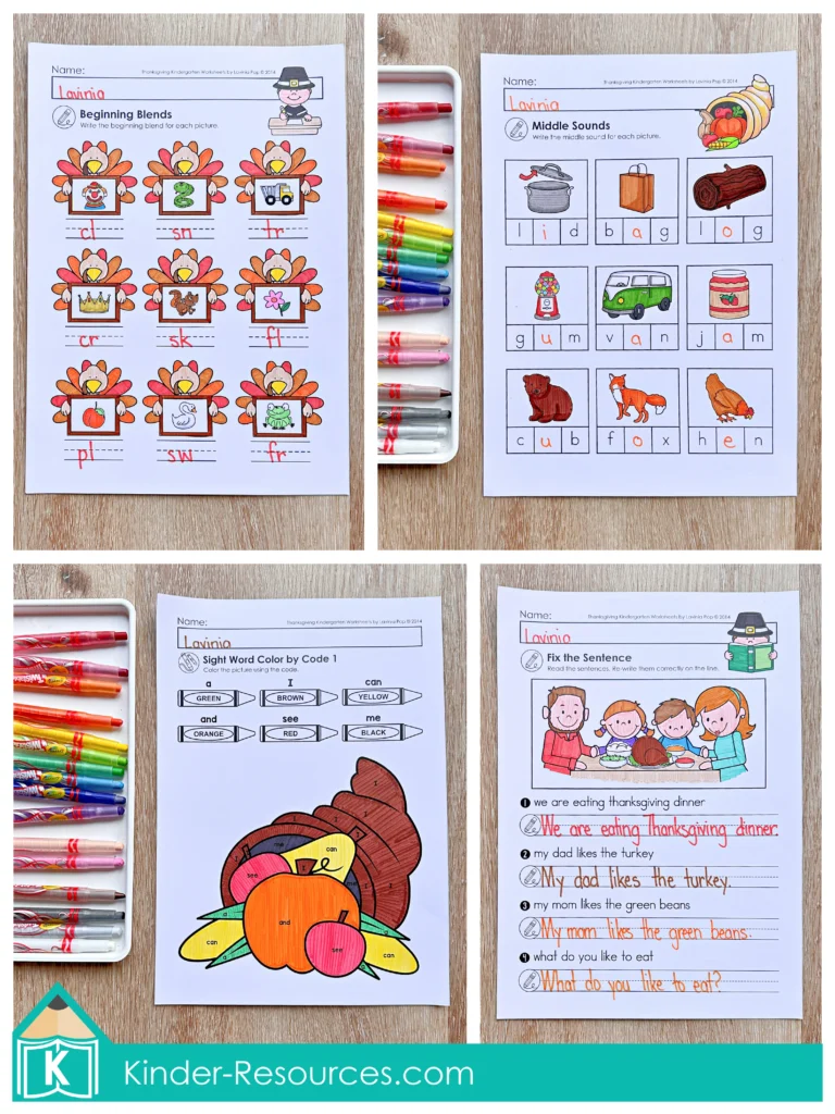 Thanksgiving sight word coloring, sentence correction, and phonics worksheets for kindergarten reading and writing practice.