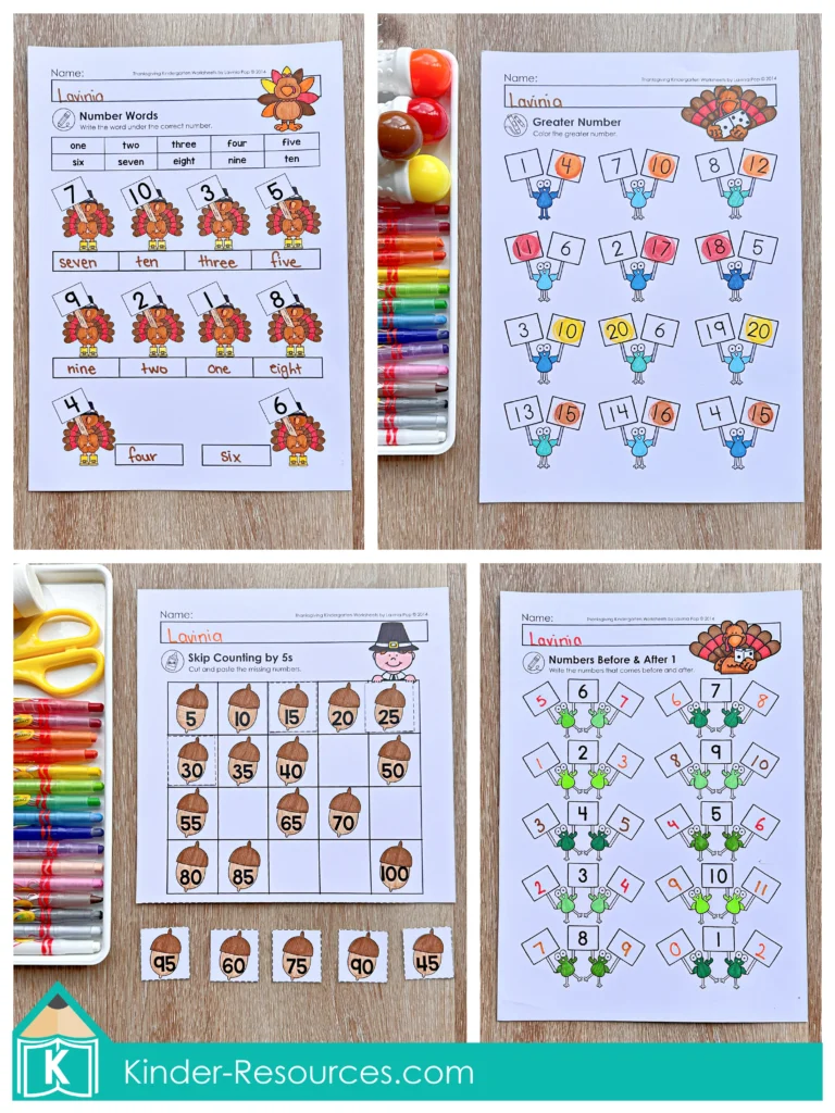 Thanksgiving number sense worksheets for kindergarten featuring number words, before and after numbers, skip counting by fives, and comparing greater numbers.