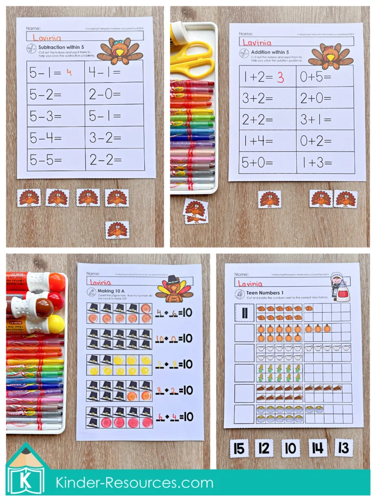 Thanksgiving kindergarten math worksheets for addition, subtraction, making ten, and teen numbers with ten frames and manipulatives.