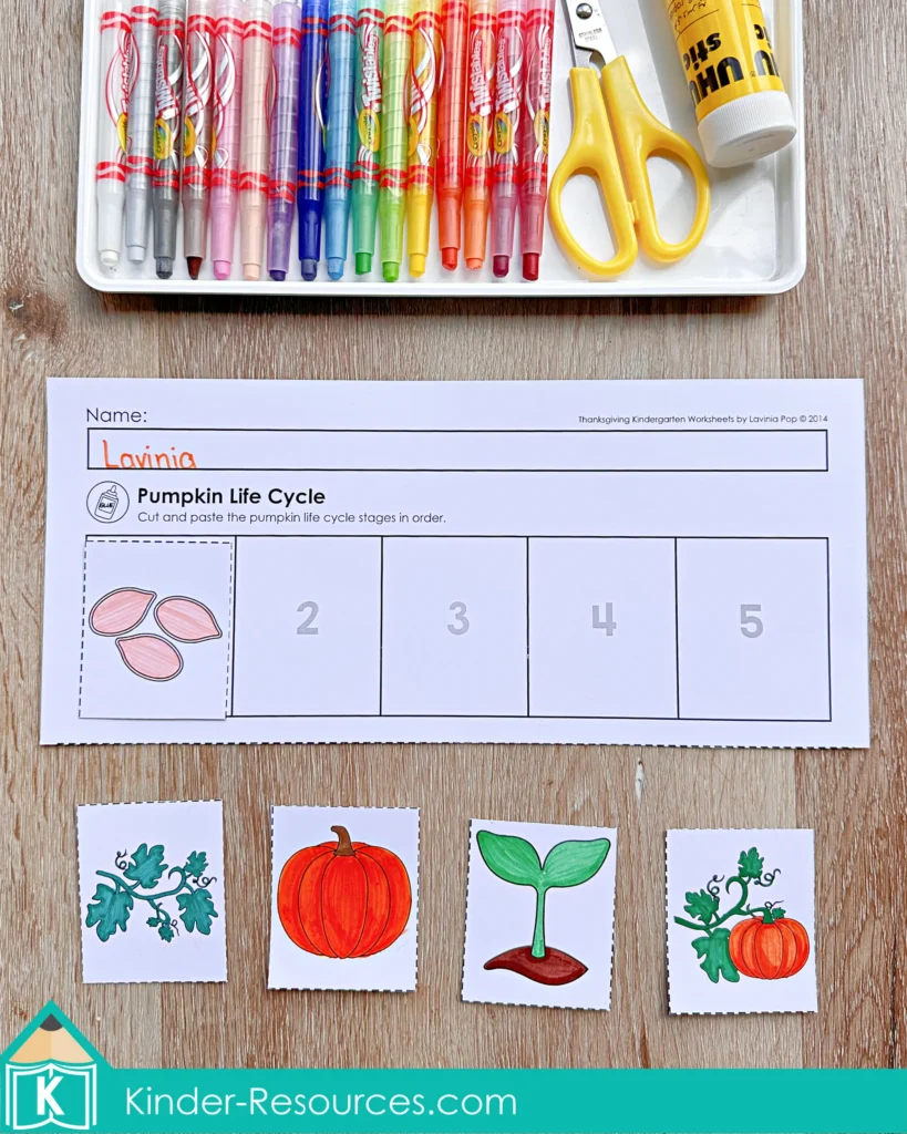 Pumpkin life cycle sequencing worksheet for Thanksgiving science and literacy integration in kindergarten classrooms.