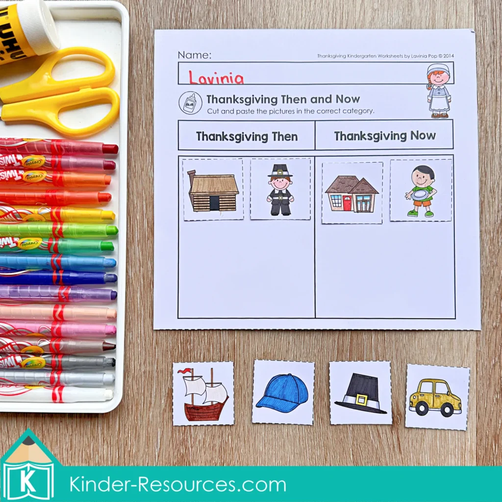 Thanksgiving sorting activity for kindergarten comparing past and present with cut and paste pictures for social studies and vocabulary practice.