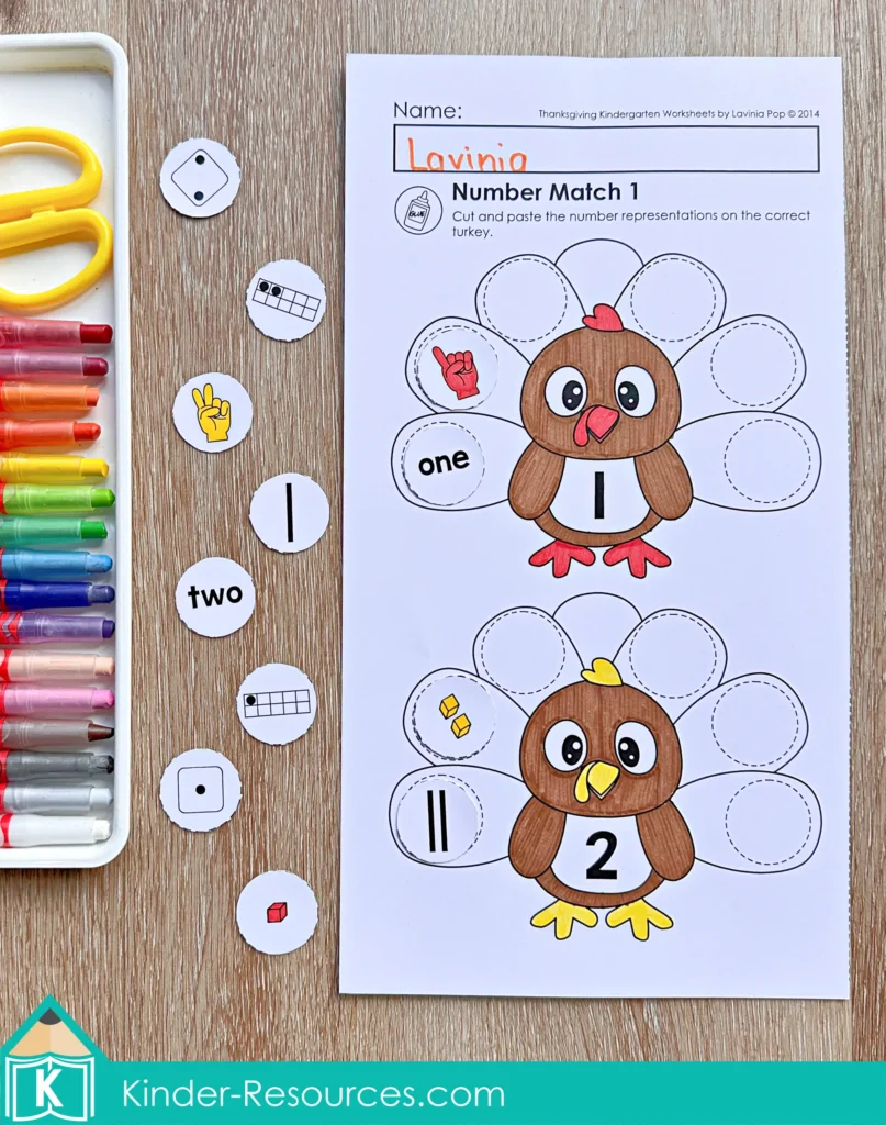 Thanksgiving turkey number match worksheet with counting, ten frames, and number words for kindergarten math centers.