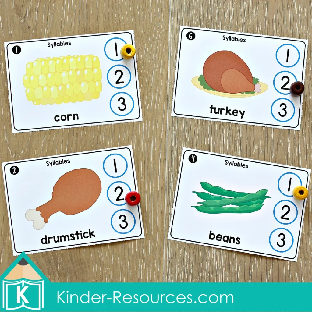 Thanksgiving Literacy Centers for Kindergarten Syllable Cards