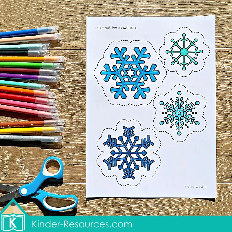 Winter Preschool No Prep Worksheets & Activities cutting practice page with snowflake shapes for fine motor skill development