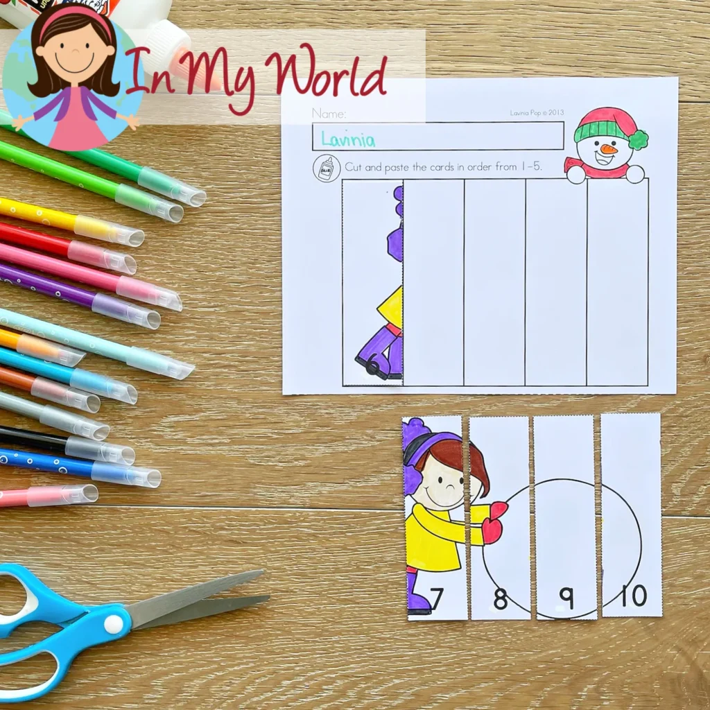 Winter Kindergarten Math Worksheets and Activities number order cut and paste puzzle