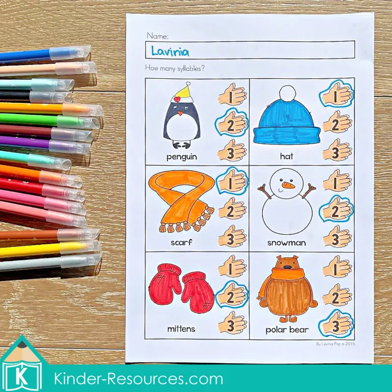 Winter Preschool No Prep Worksheets & Activities syllable counting page with winter vocabulary pictures and hand counting cues