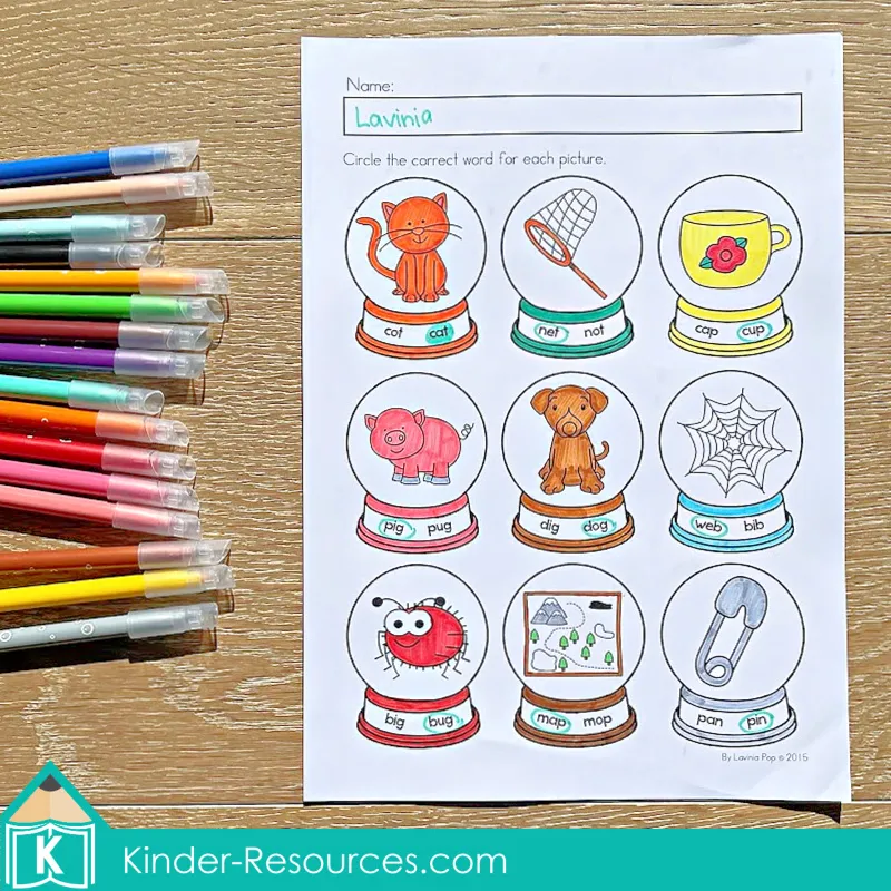 Winter Preschool No Prep Worksheets & Activities CVC word worksheet with snow globe pictures and word choices