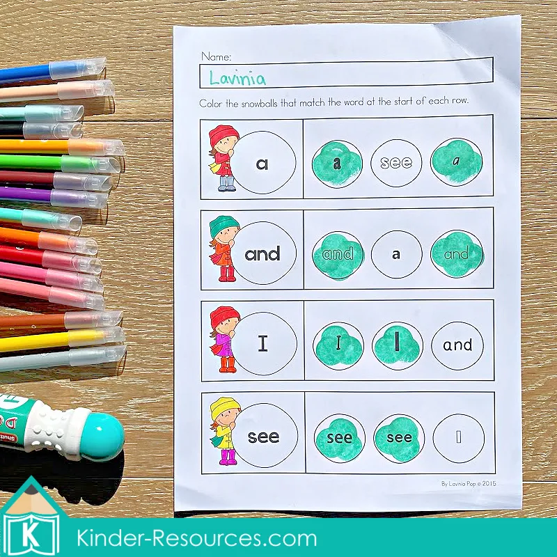 Winter Preschool No Prep Worksheets & Activities pre primer sight word matching page with snowball words