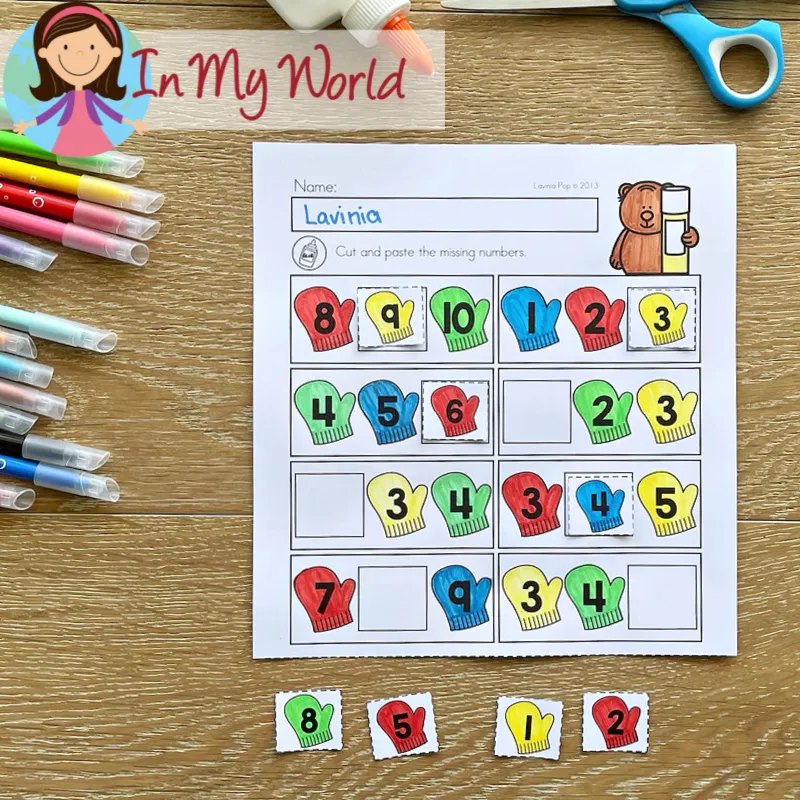 Winter kindergarten math worksheet ordering numbers using cut and paste activities