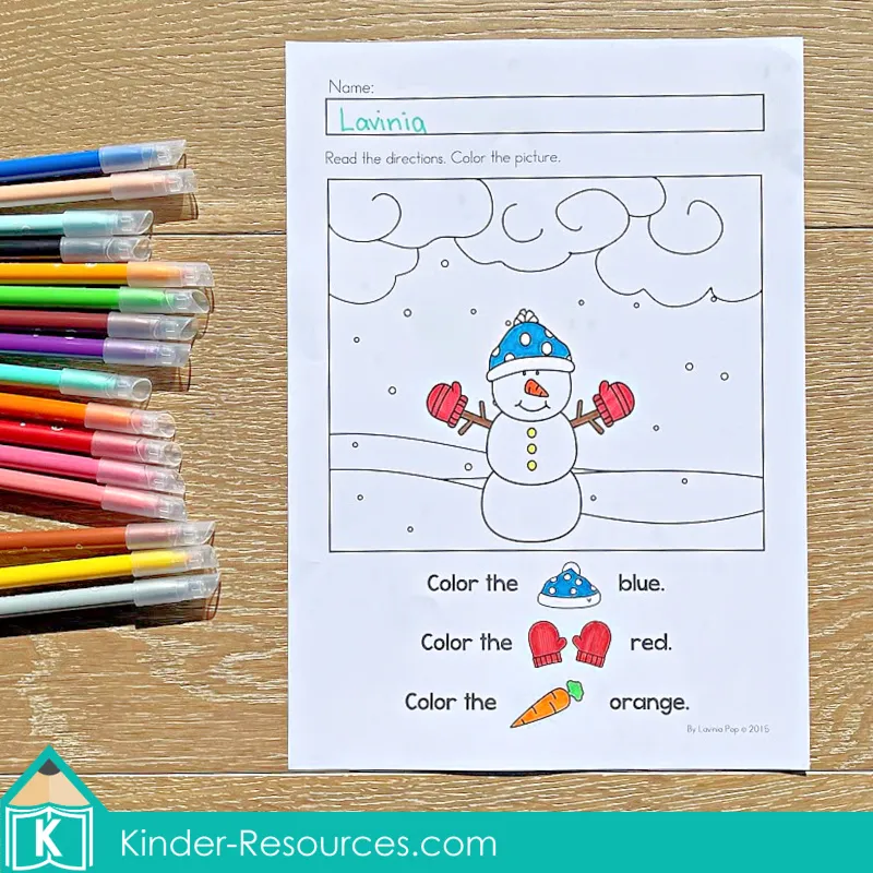 Winter Preschool No Prep Worksheets & Activities directed coloring page following color words to complete a winter picture