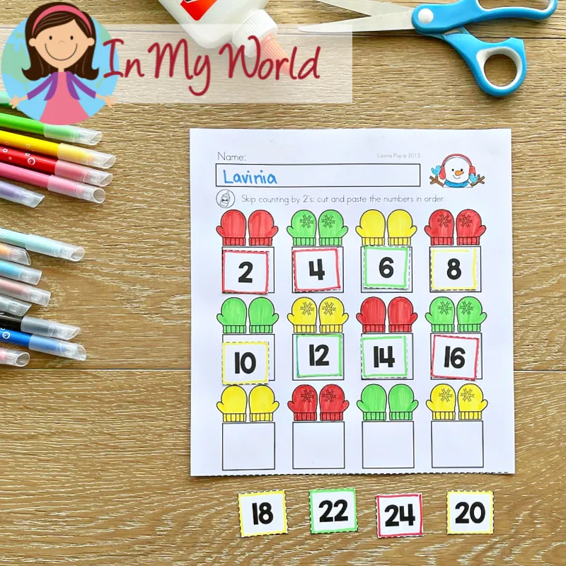 Winter kindergarten math worksheet skip counting by twos using numbered mittens