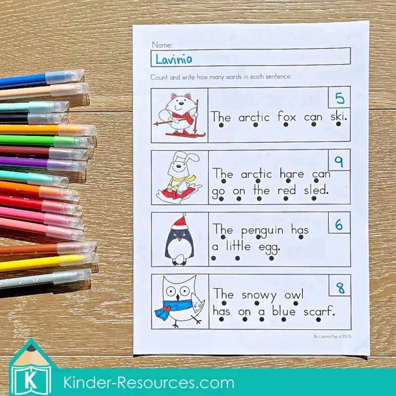 Winter Preschool No Prep Worksheets & Activities one to one correspondence page counting words in winter sentences