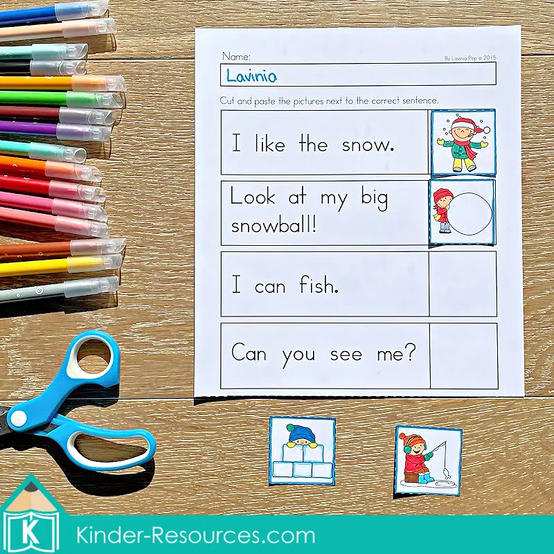 inter Preschool No Prep Worksheets & Activities read and match worksheet with simple winter sentences and pictures