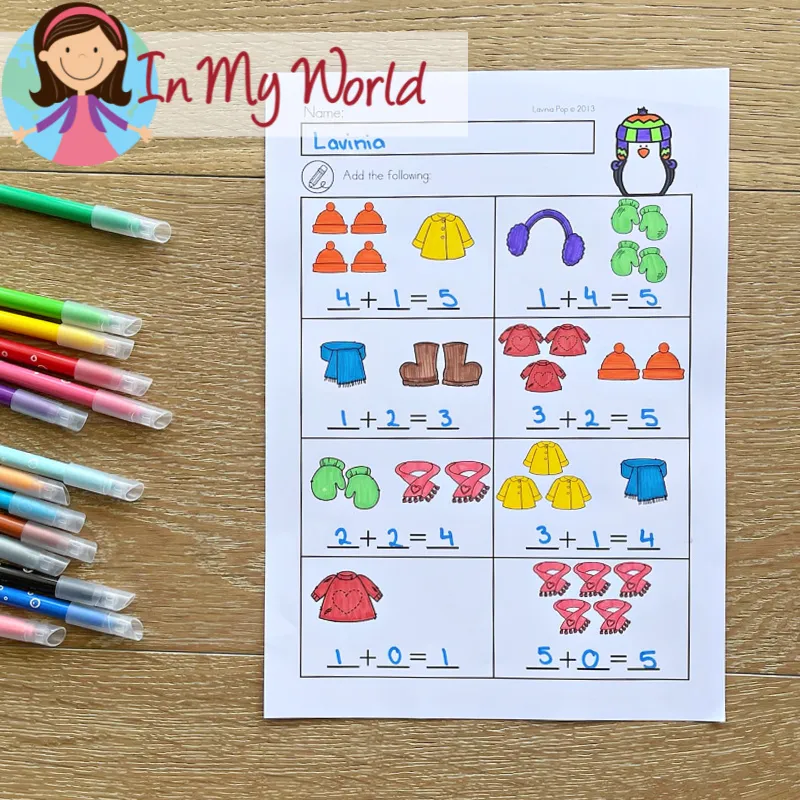 inter kindergarten math worksheet adding winter objects with visual support