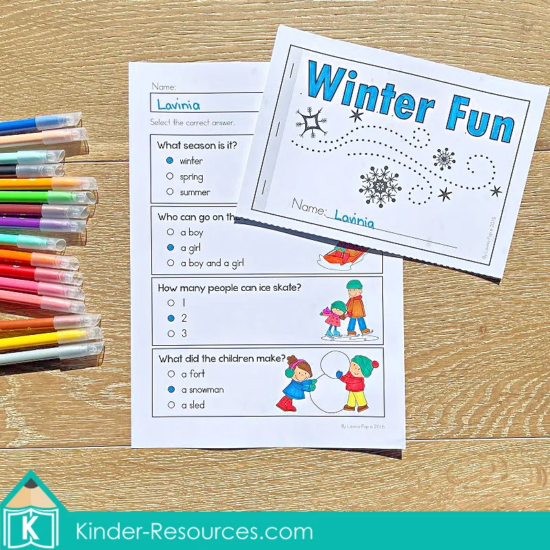 Winter Preschool No Prep Worksheets & Activities Winter Fun emergent reader booklet and comprehension page
