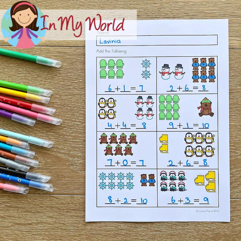 Winter kindergarten math worksheet solving picture addition equations up to ten