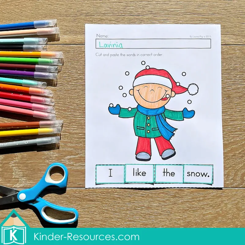 Winter Preschool No Prep Worksheets & Activities sentence building page with cut and paste word cards