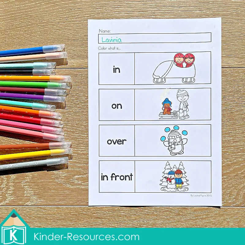Winter Preschool No Prep Worksheets & Activities positional words page practicing in, on, over, and in front