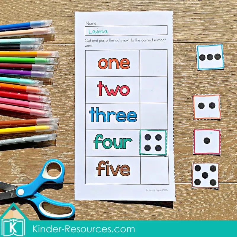 Winter Preschool No Prep Worksheets & Activities number word matching worksheet with dot quantities to five