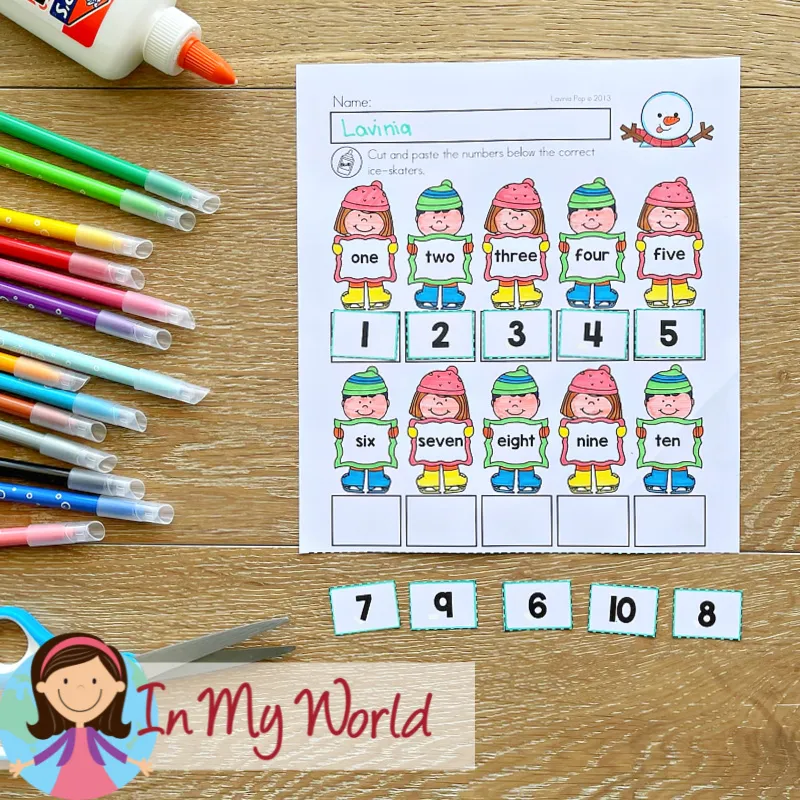 Winter Kindergarten Math Worksheets and Activities matching numbers to number words