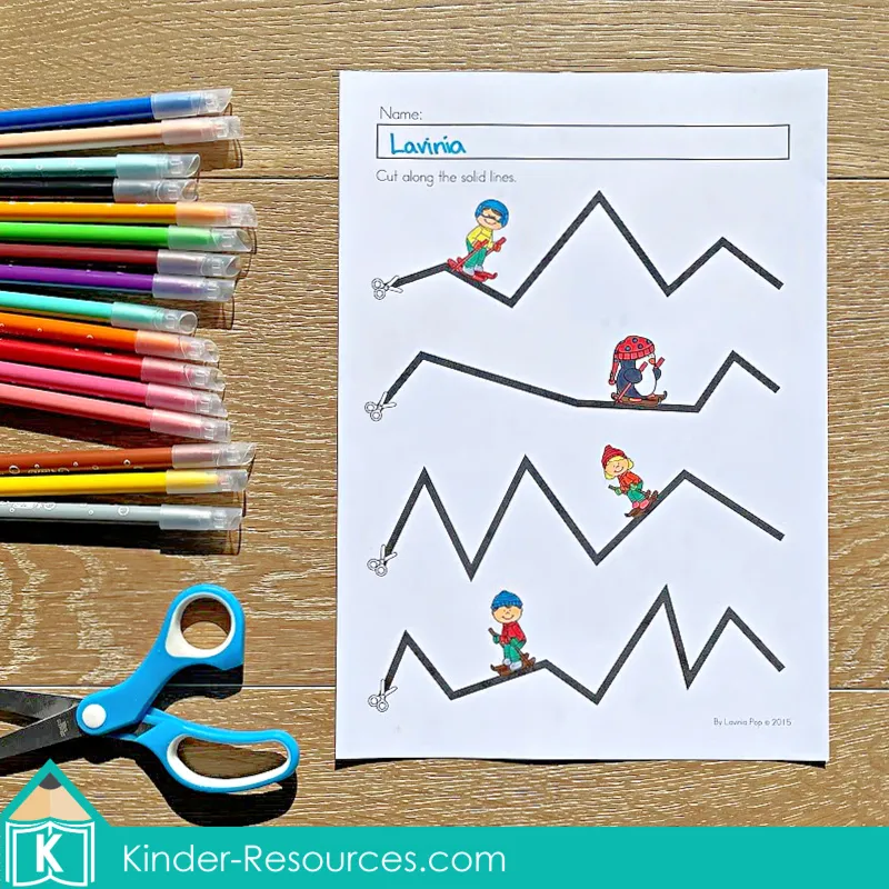 Winter Preschool No Prep Worksheets & Activities cutting worksheet with straight and zigzag lines for preschool fine motor practice