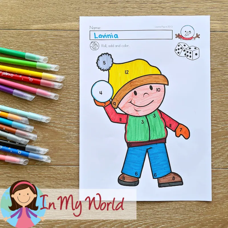Winter kindergarten math activity where students roll dice, add numbers, and color a winter character