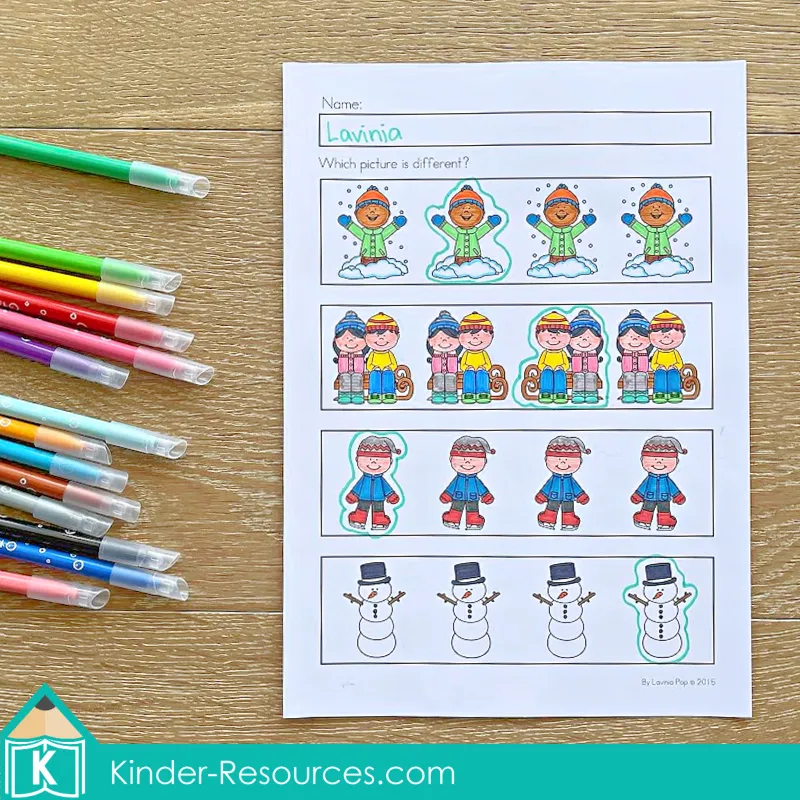 Winter Preschool No Prep Worksheets & Activities spot the difference page with winter themed picture rows