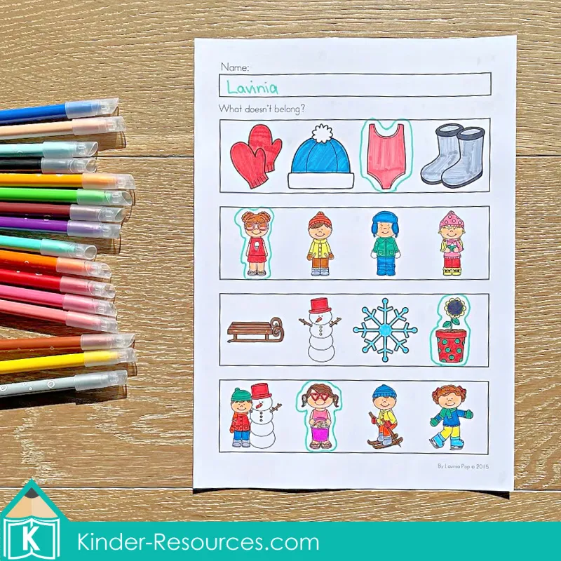 Winter Preschool No Prep Worksheets & Activities logical thinking page identifying which winter picture does not belong