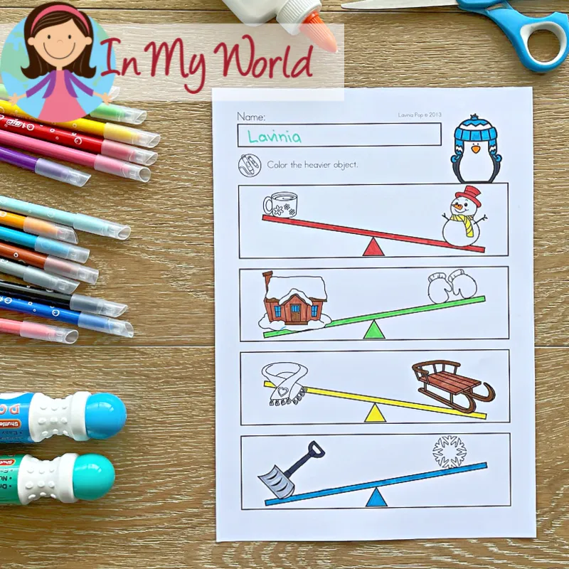 Winter Kindergarten Math Worksheets and Activities – Comparing Heavier and Lighter Objects