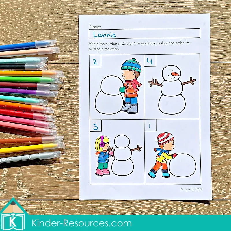 Winter Preschool No Prep Worksheets & Activities picture sequencing page ordering steps to build a snowman