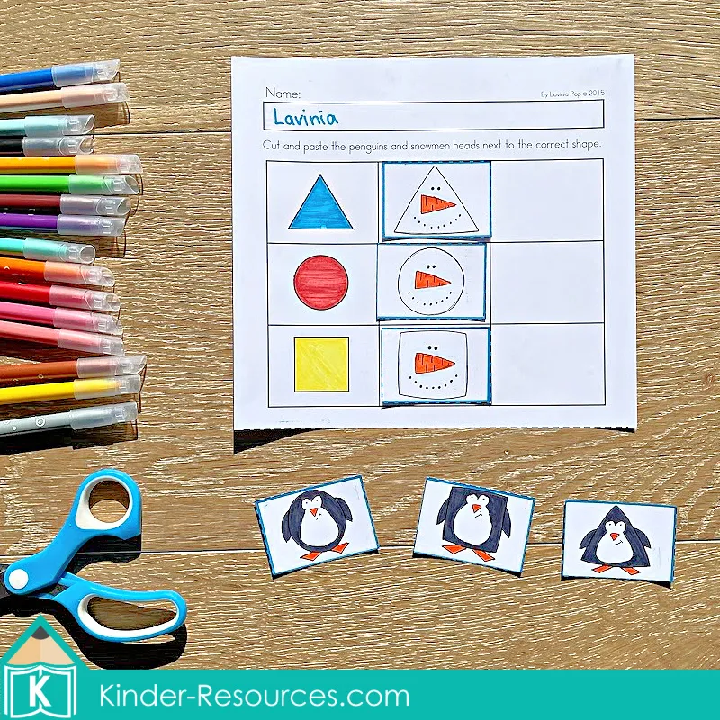 Winter Preschool No Prep Worksheets & Activities shape matching worksheet with winter characters and basic shapes