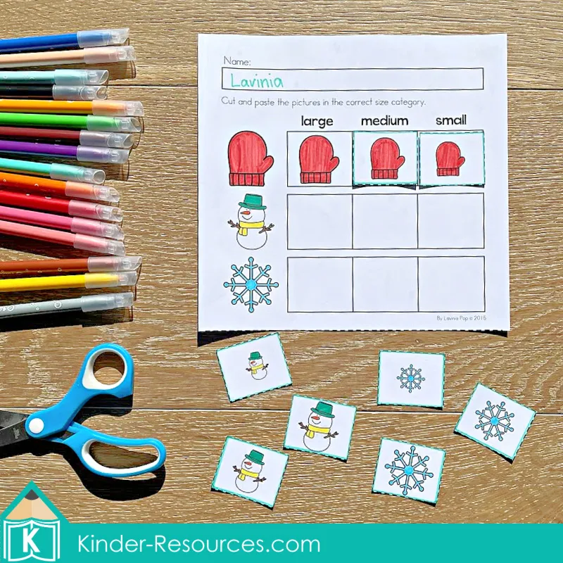 Winter Preschool No Prep Worksheets & Activities cut and paste size sorting page ordering winter pictures by size