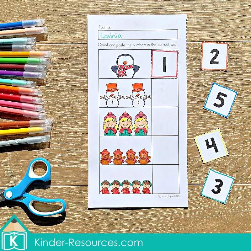 Winter Preschool No Prep Worksheets & Activities counting page matching quantities with winter themed pictures