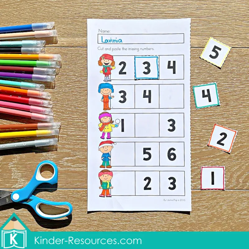 Winter Preschool No Prep Worksheets & Activities cut and paste number order puzzle with winter picture sequence