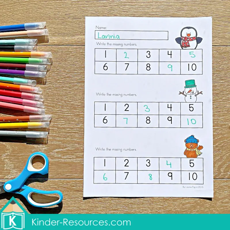 Winter Preschool No Prep Worksheets & Activities number sequence worksheet writing missing numbers from 1 to 10