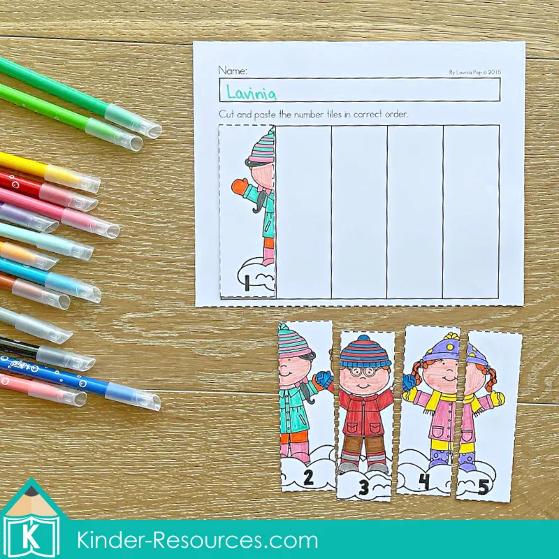 Winter Preschool No Prep Worksheets & Activities cut and paste number puzzle forming a winter picture in correct order