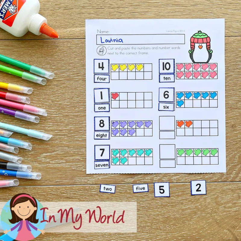 Winter Kindergarten Math Worksheets and Activities ten frame counting and number matching