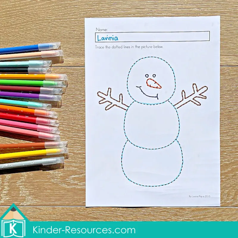 Winter Preschool No Prep Worksheets & Activities tracing worksheet with a snowman outline for early fine motor control