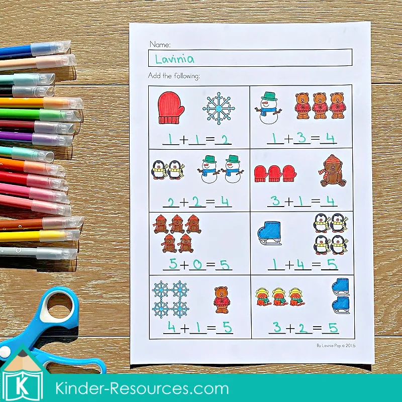 Winter Preschool No Prep Worksheets & Activities addition page using winter pictures to solve simple equations